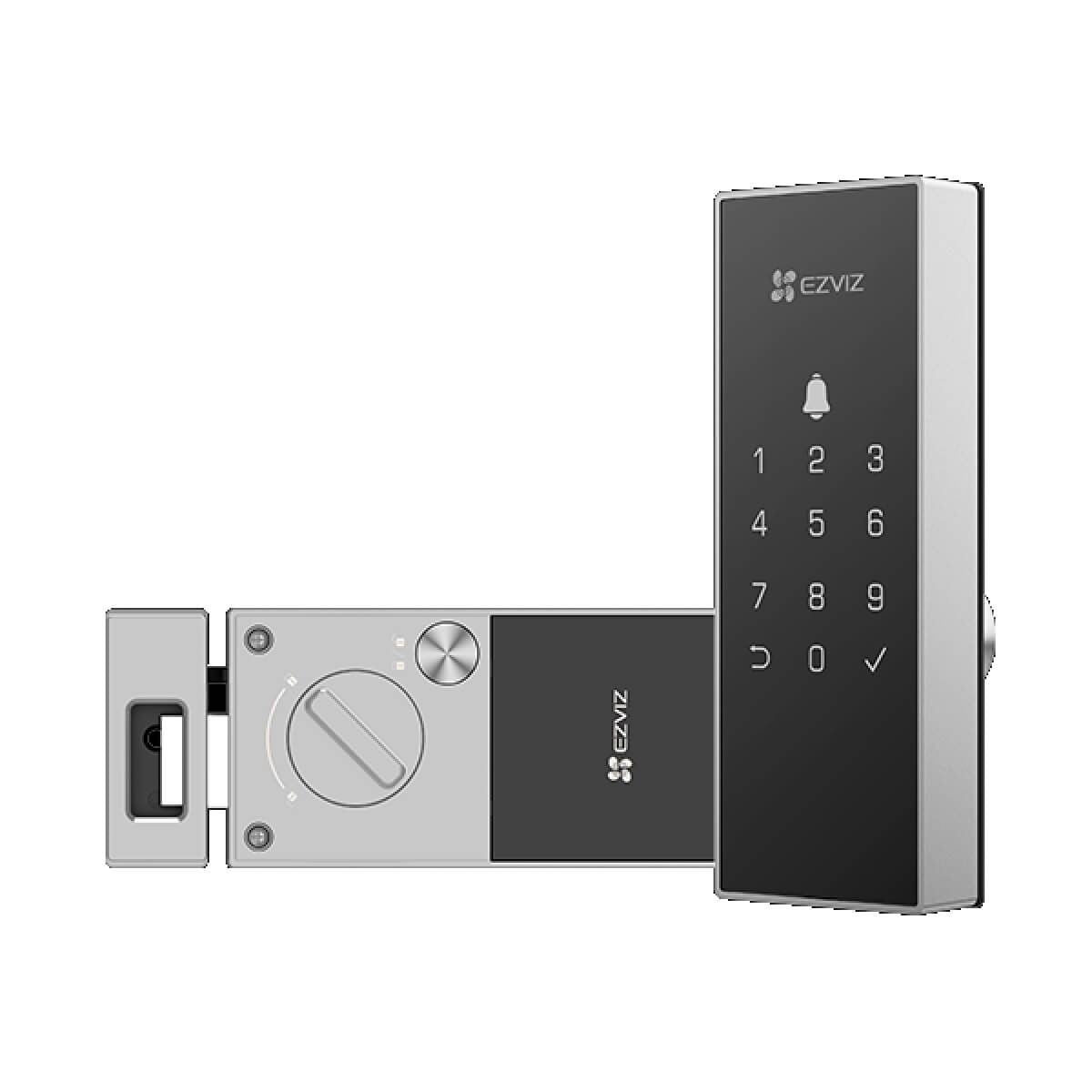 מנעול חכם לדלת עם קוד, טביעת אצבע, כרטיס וגיבוי מכני – בצבע אפור – CS-DL04-R100-WBCP-GR