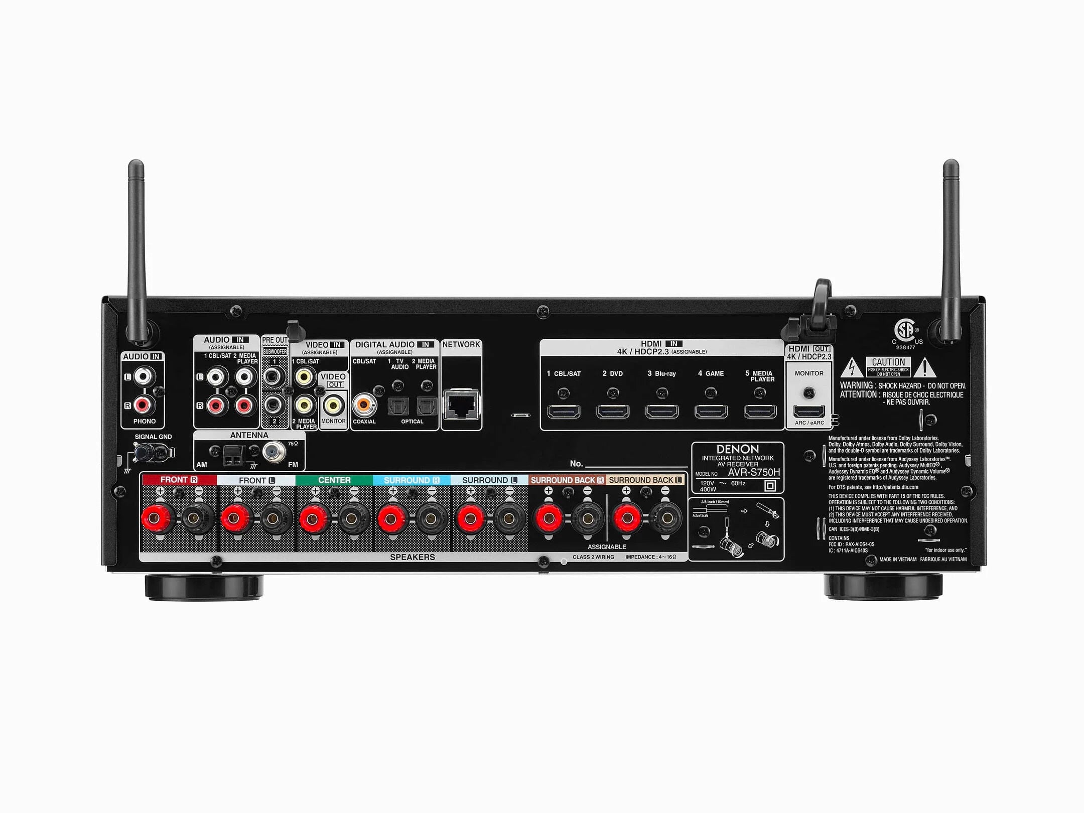Denon AVR-S750H rear panel with HDMI ports and speaker connections