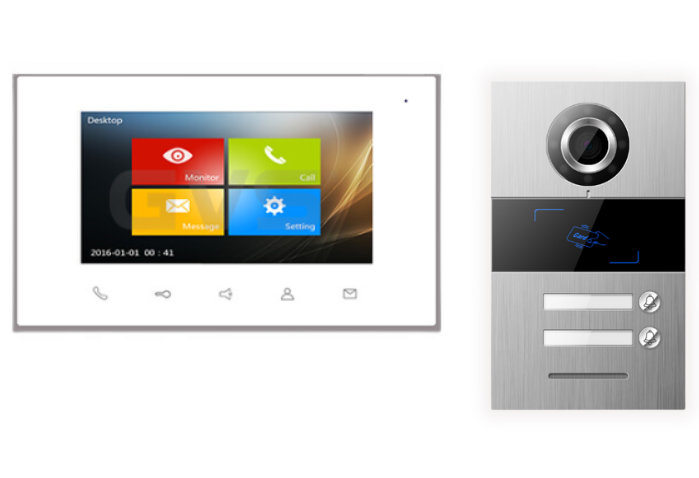 פנל אינטרקום משולב קרבה עם מצלמה + 2 מסכי טאצ' חכמים "7 מערכת 2 גיד – דגם DT-KIT-2