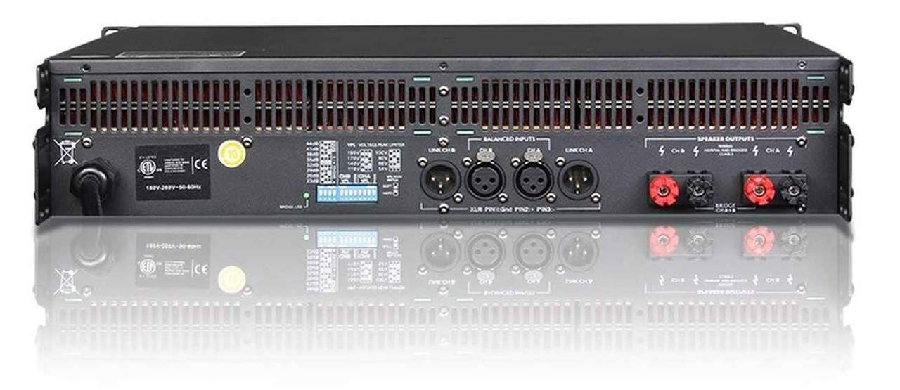 פאנל חיבורים אחורי של מגבר כוח Polman FP 14000Q עם כניסות XLR ויציאות Speakon