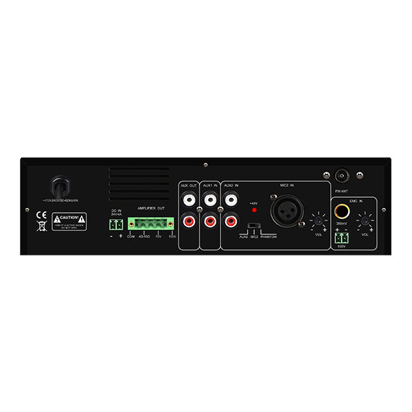 פאנל חיבורים אחורי של מגבר כריזה Polman PLM60UB עם פלט 100V וכניסות מיקרופון