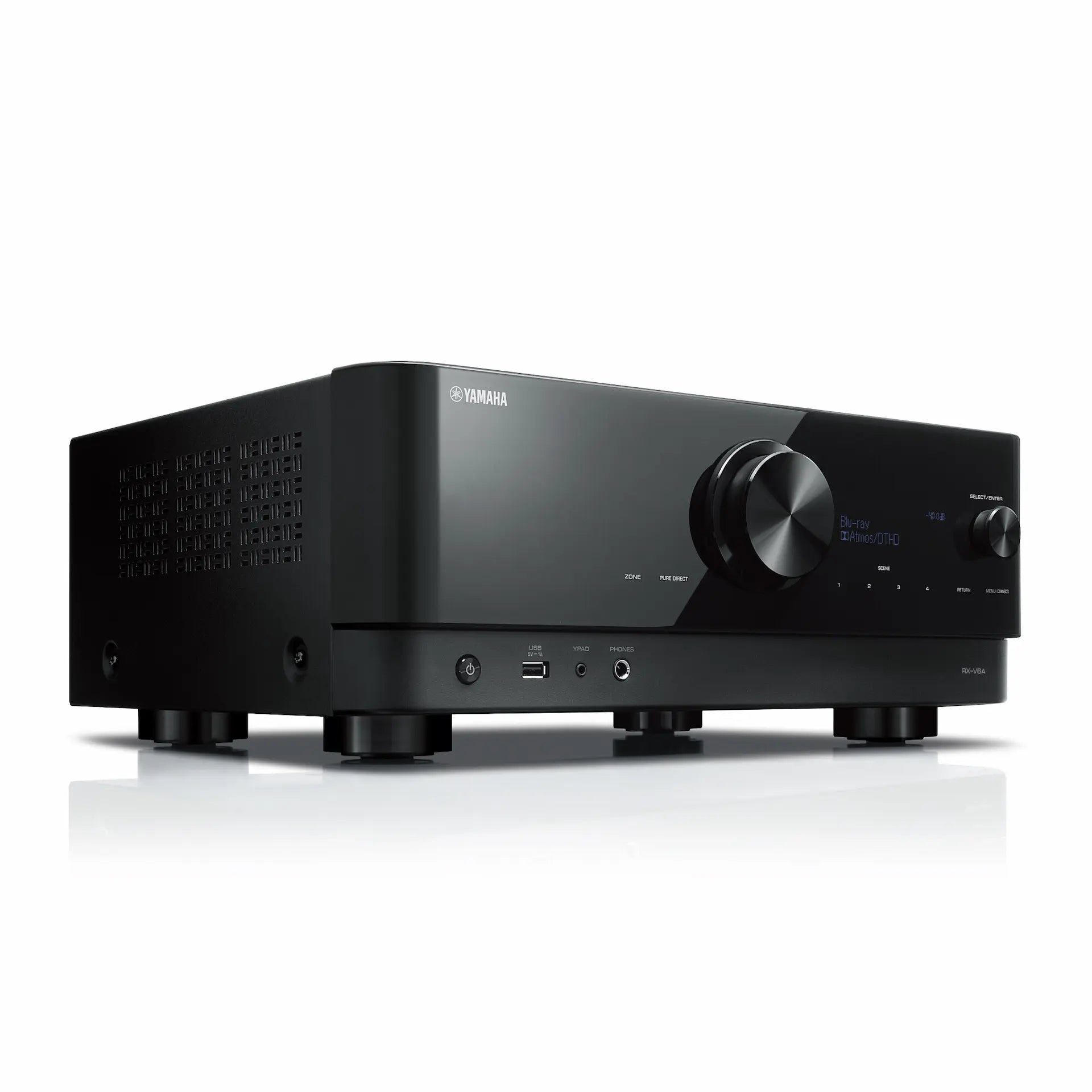 Yamaha RX-V6A installed in a modern home theater living room
