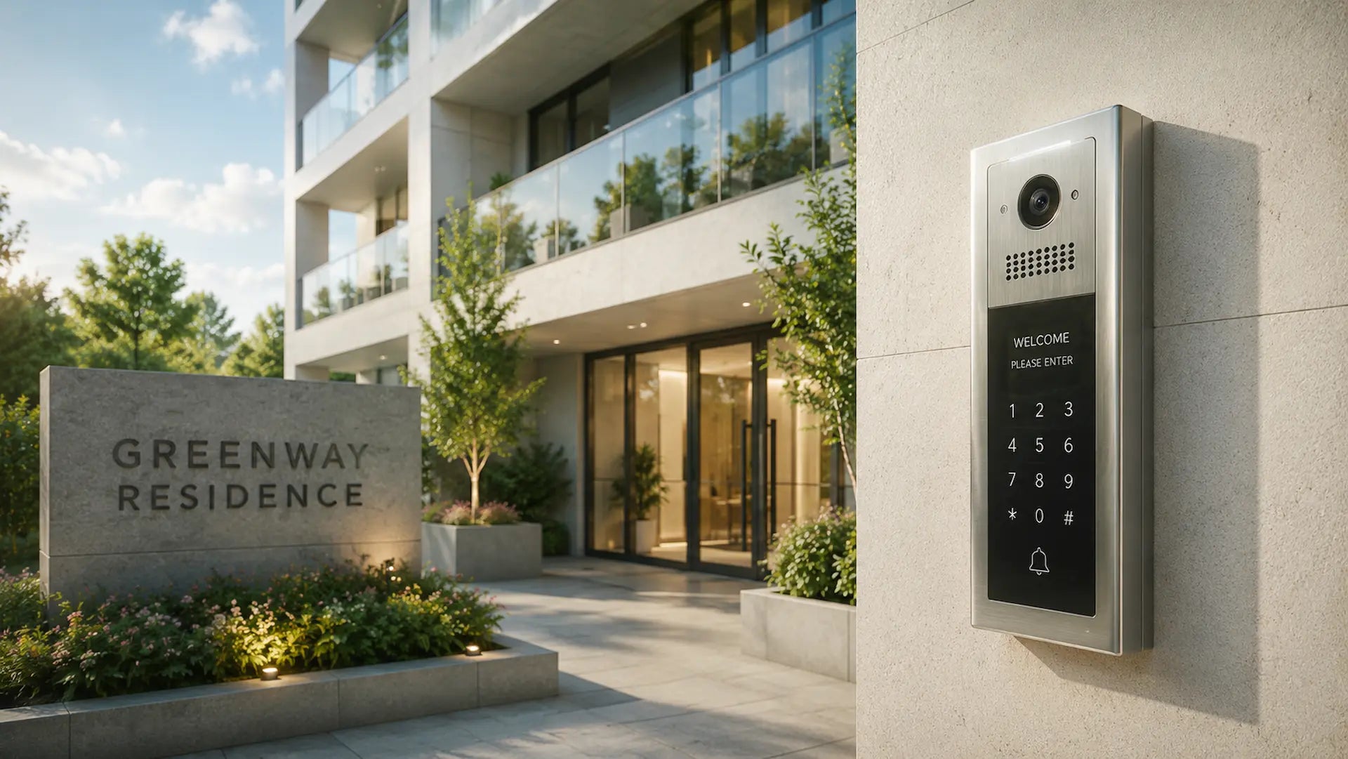 Modern building intercom installation at luxury apartment entrance with smart access control system