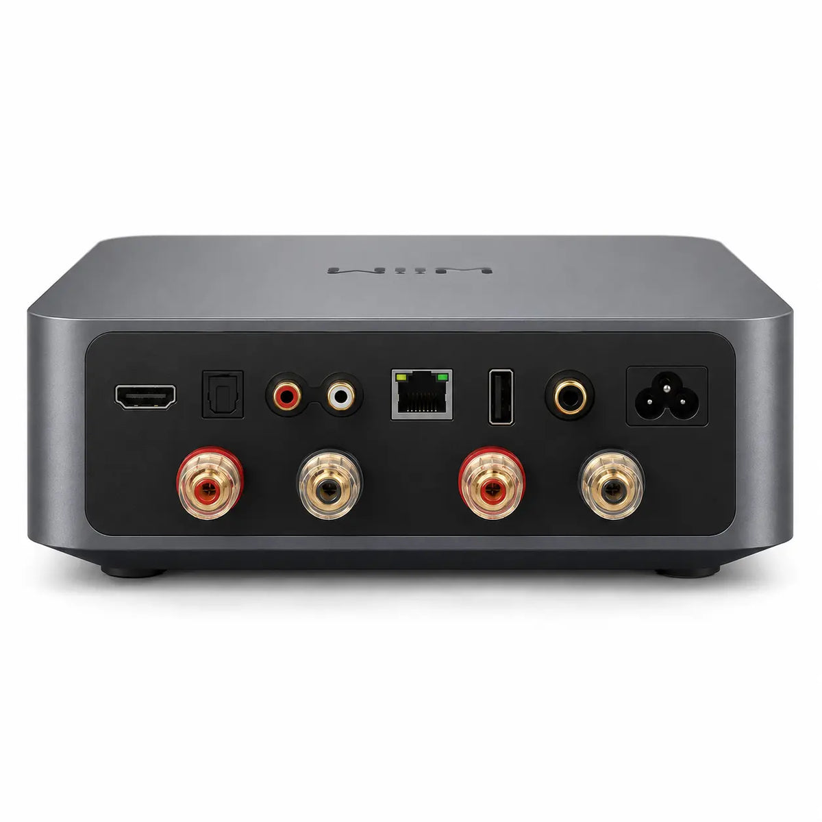 מגבר WiiM Amp Ultra מבט אחורי עם חיבורי HDMI ARC רשת USB סאב ורמקולים