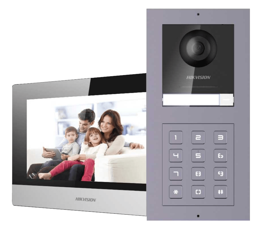 קיט אינטרקום IP מלא עם מסך 7'' ותחנה חיצונית + קודן – דגם DS‑KIS8003‑ACW2