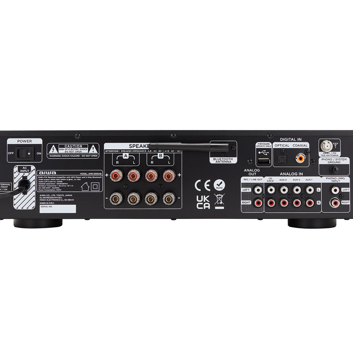 Aiwa AMR-200DAB/BK rear panel with speaker terminals and audio connections
