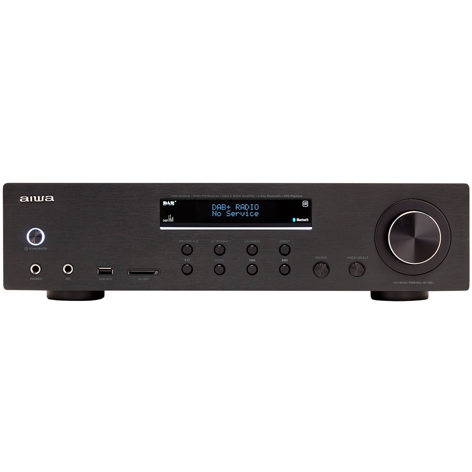 Aiwa AMR-200DAB/BK stereo amplifier front view with aluminum front panel