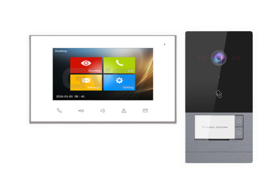 פנל אינטרקום 2 לחצנים משולב מצלמה + 2 מסכי טאצ' חכמים "7 מערכת 2 גיד – דגם TOS-17 KIT