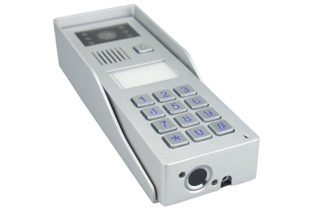 פנל אינטרקום אלומיניום משולב מצלמה + לחצן קריאה, קודן, קורא קרבה "125" וטביעת אצבע – דגם 2C-341