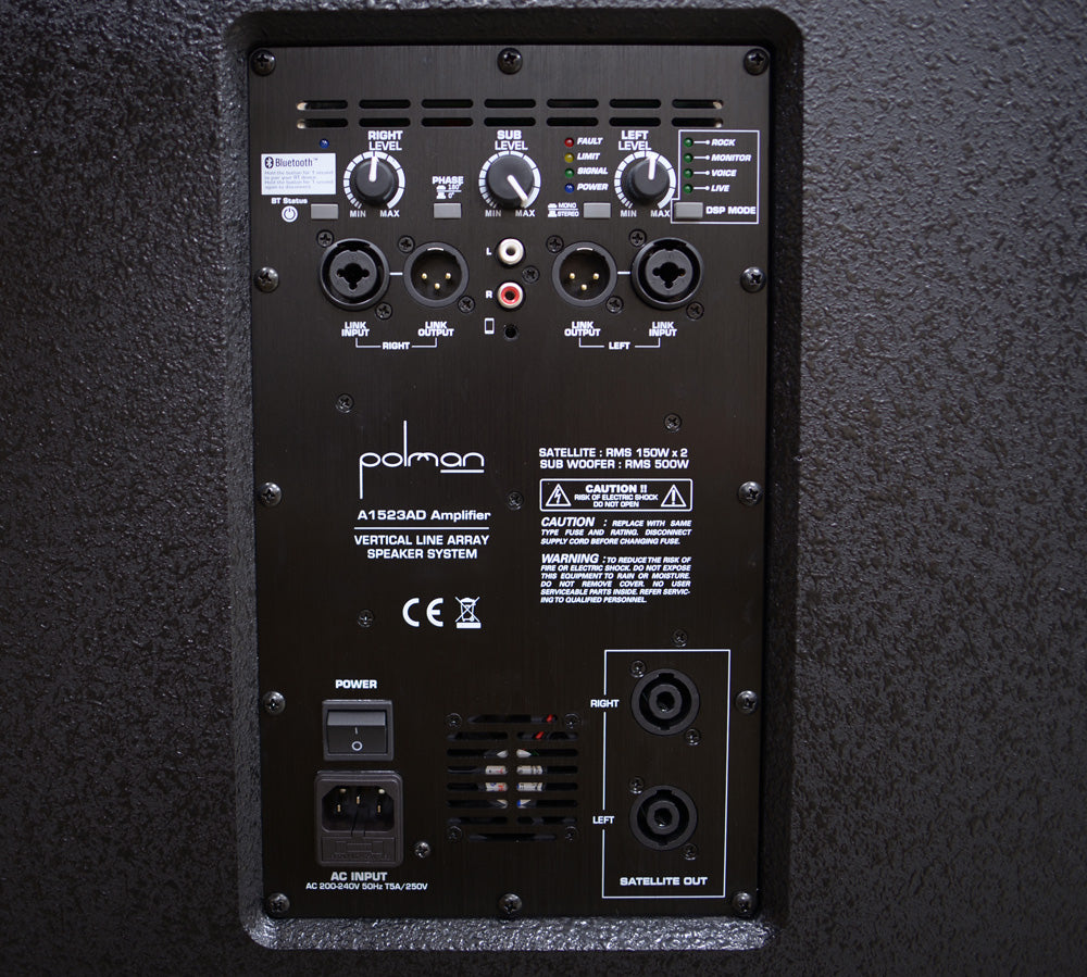 Polman Shark A1523AD rear panel showing DSP modes XLR inputs and volume controls