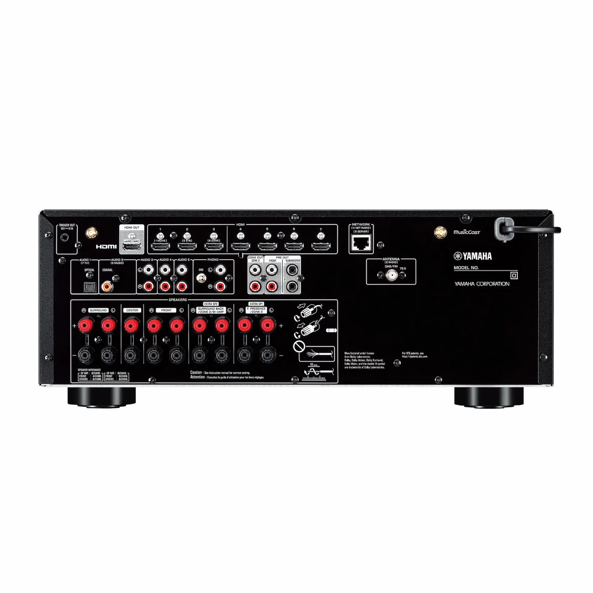 Yamaha RX-V6A rear panel with HDMI ports and speaker connections
